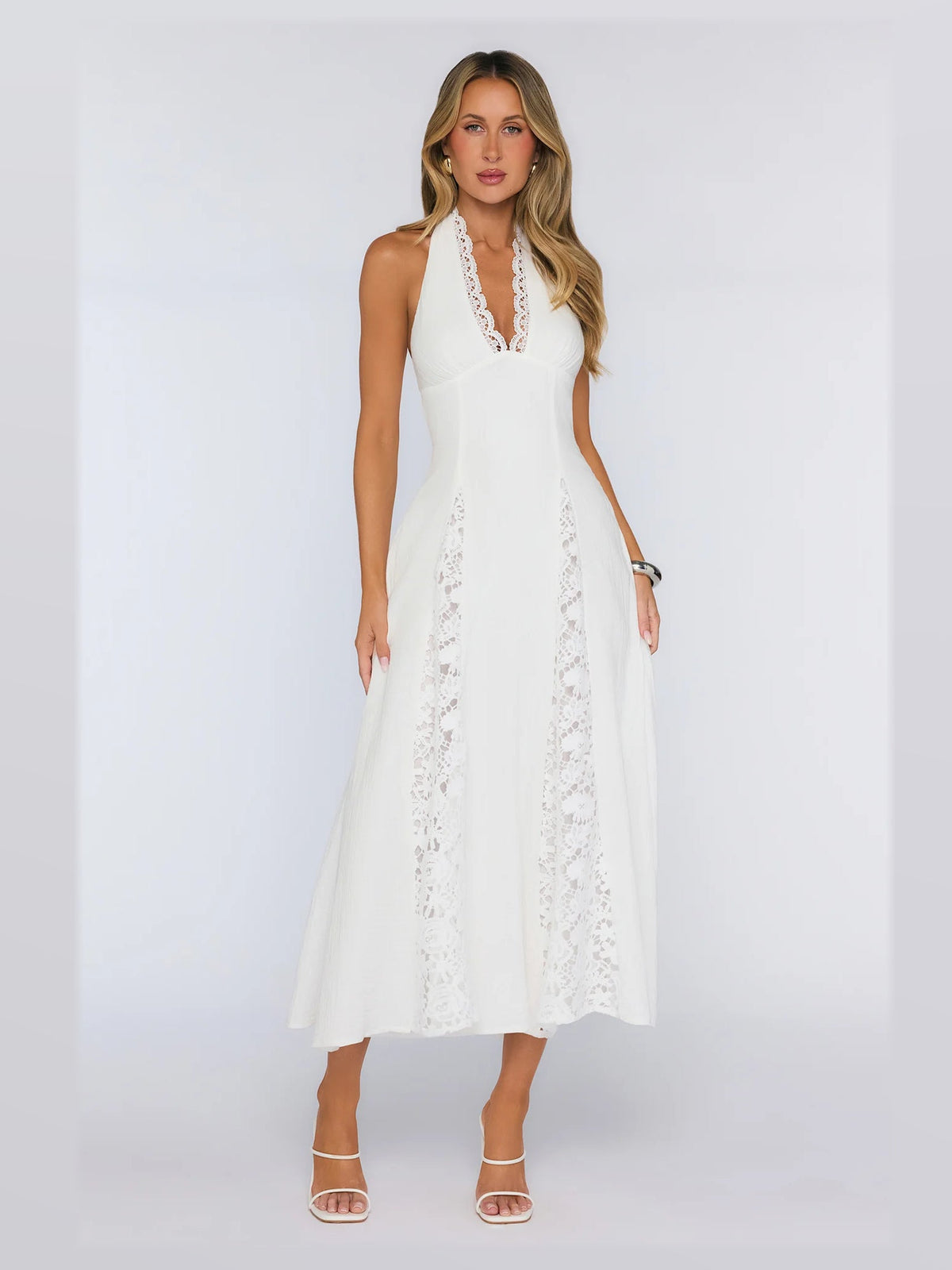 White formal dress with mesh construction and maxi hem