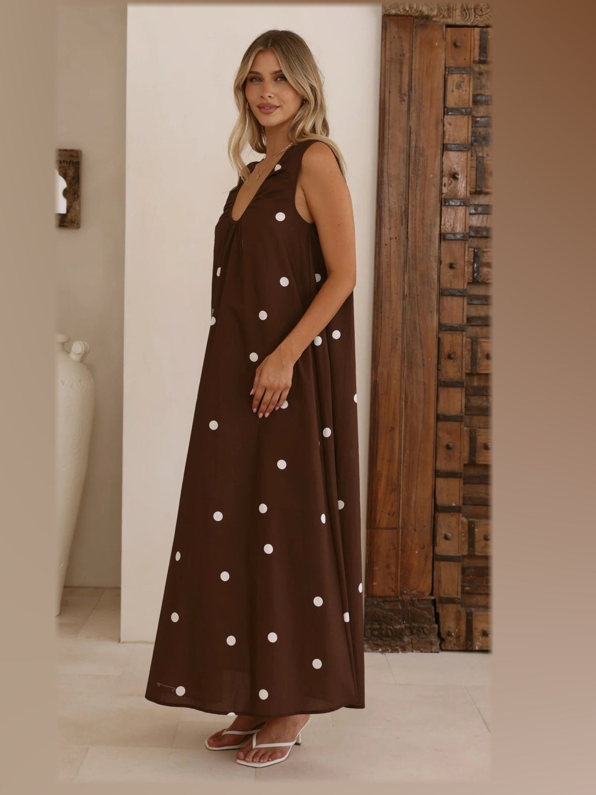 Chocolate maxi formal dress, alternate full-length view showing the waistline