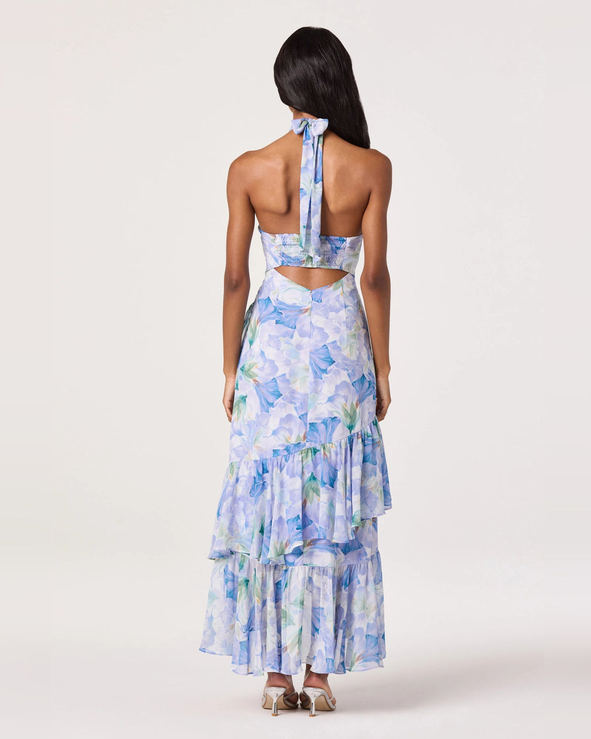 Pastel blue floral halter neck high-low dress, open back with keyhole strap detail