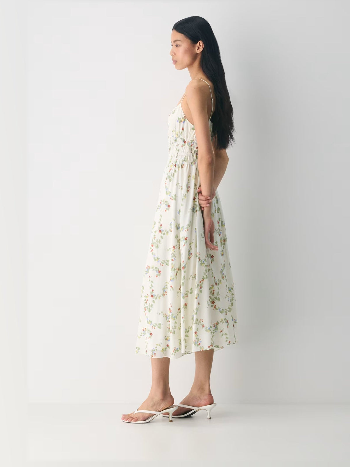 Ivory Green Floral Print maxi formal dress, alternate full-length view showing the waistline