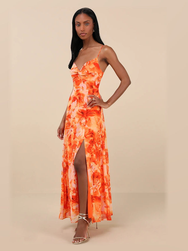Orange Floral maxi formal dress, alternate full-length view showing the waistline