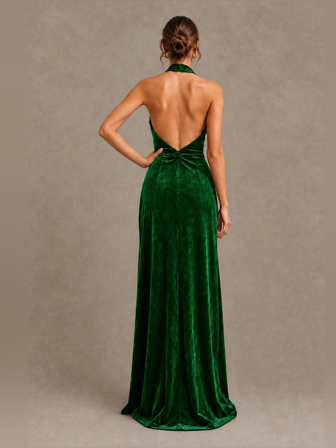 Ruched velvet halter sheath bridesmaid dress in emerald green, open back bow, floor-length