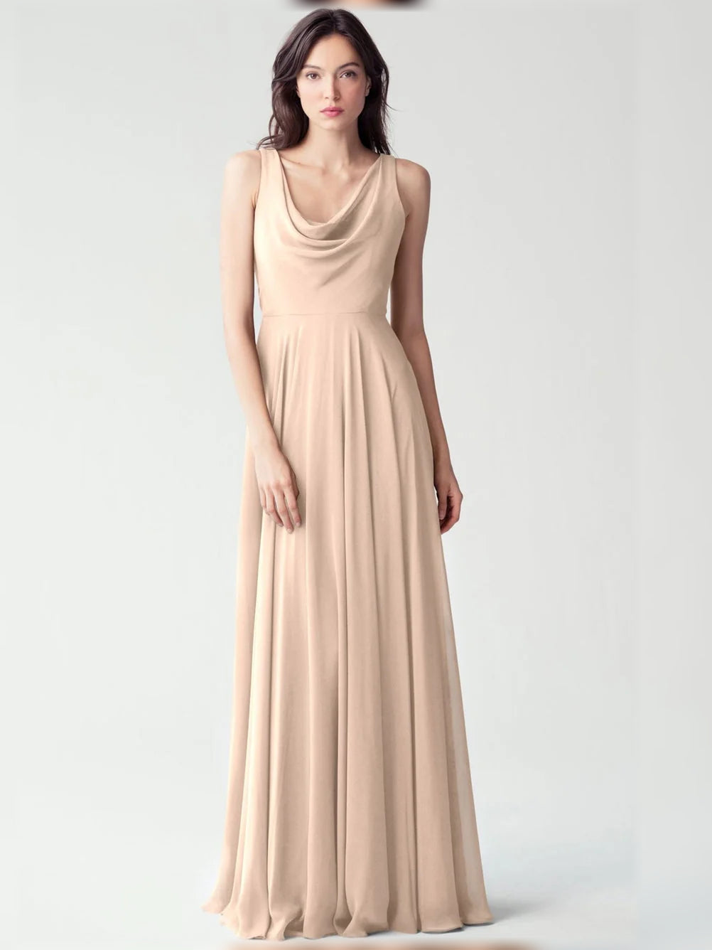 Apricot cowl-neck A-line chiffon floor-length dress, sleeveless