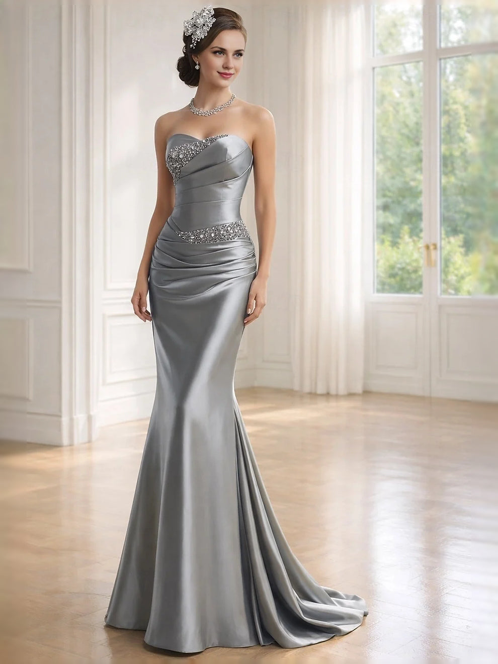 Strapless ruched satin mermaid prom dress in silver-gray with rhinestone detail