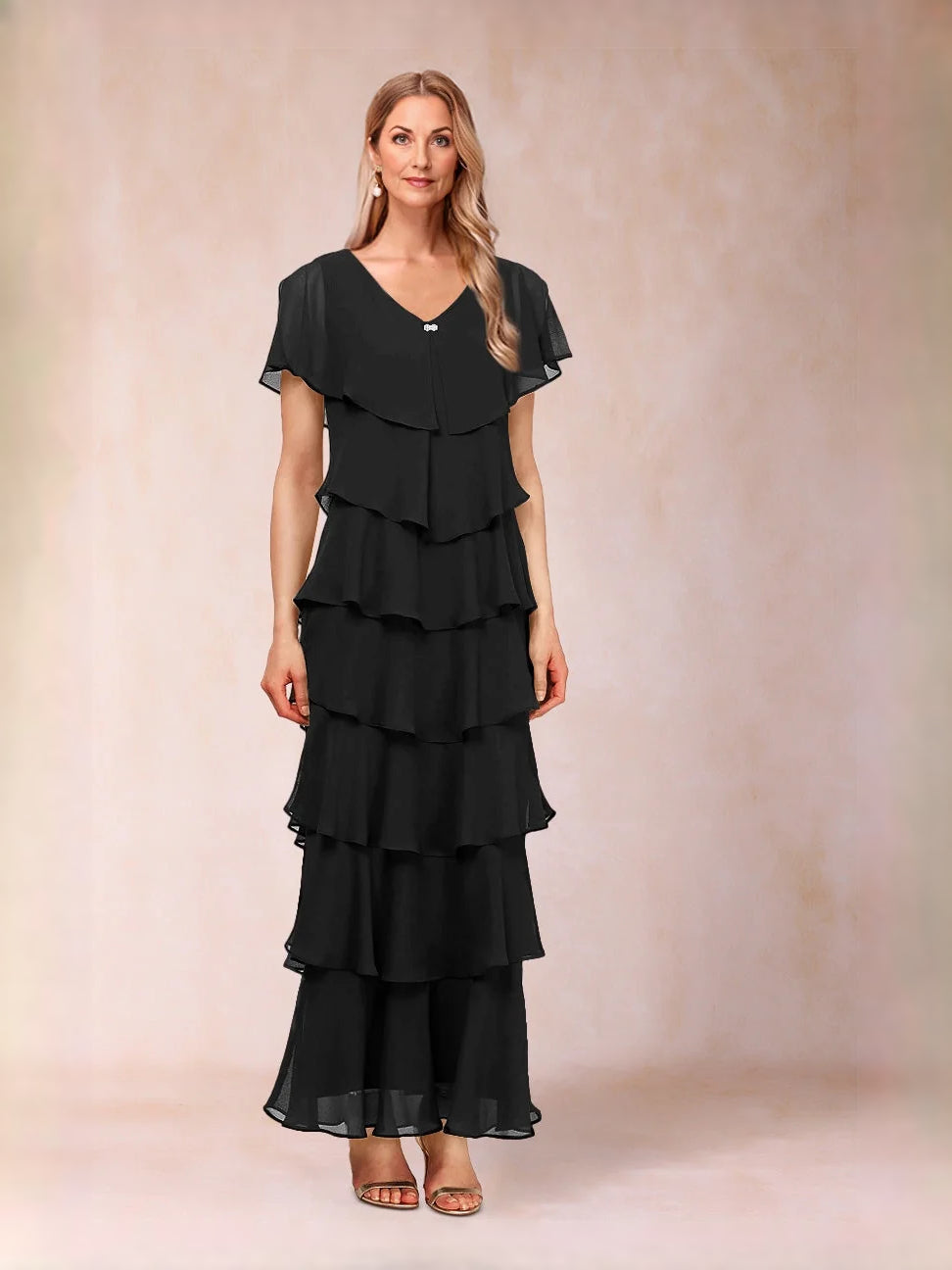 Tiered ruffled V-neck A-line maxi chiffon dress, black