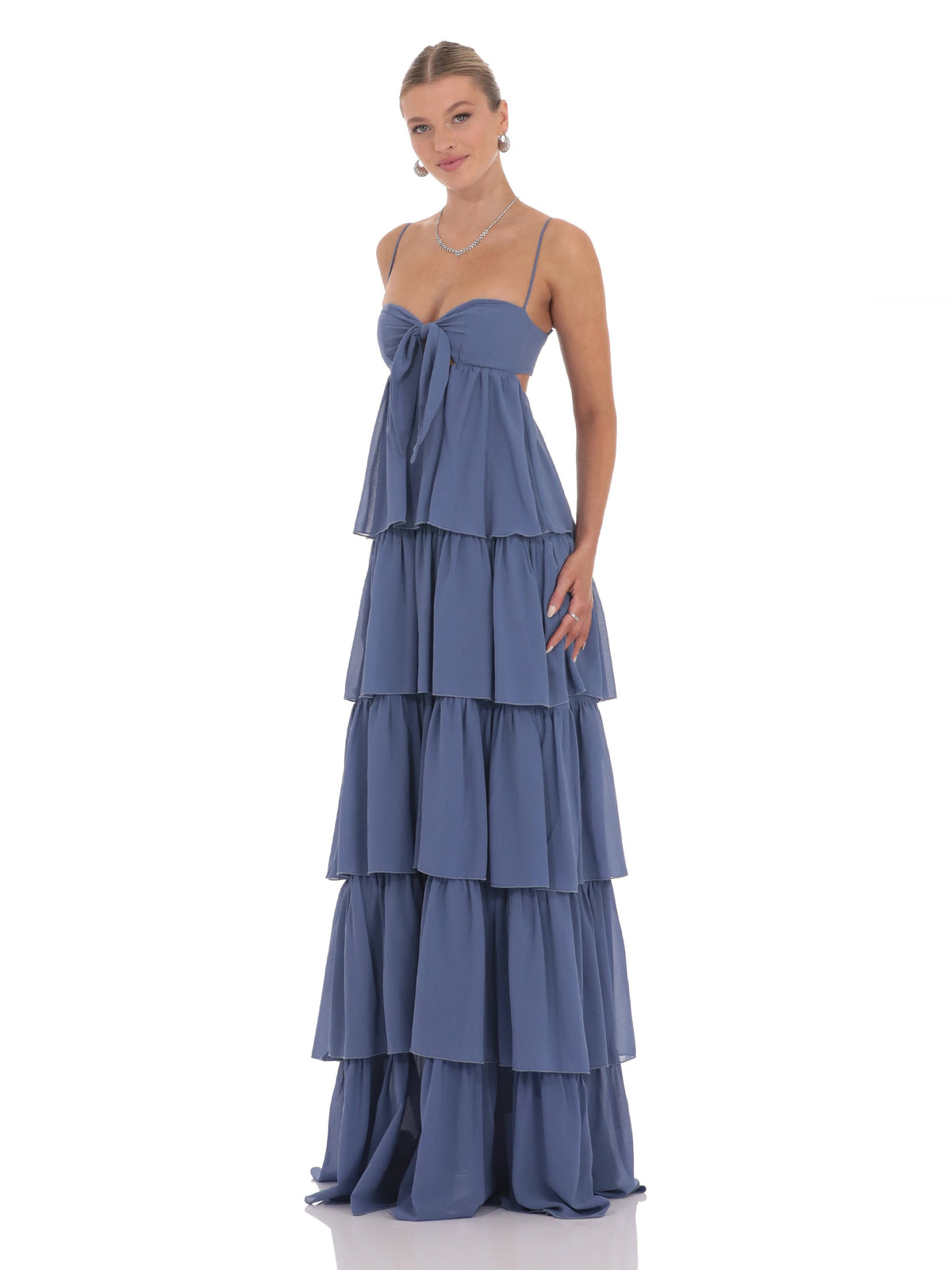 Denim Blue bridesmaid dress with chiffon construction and maxi hem