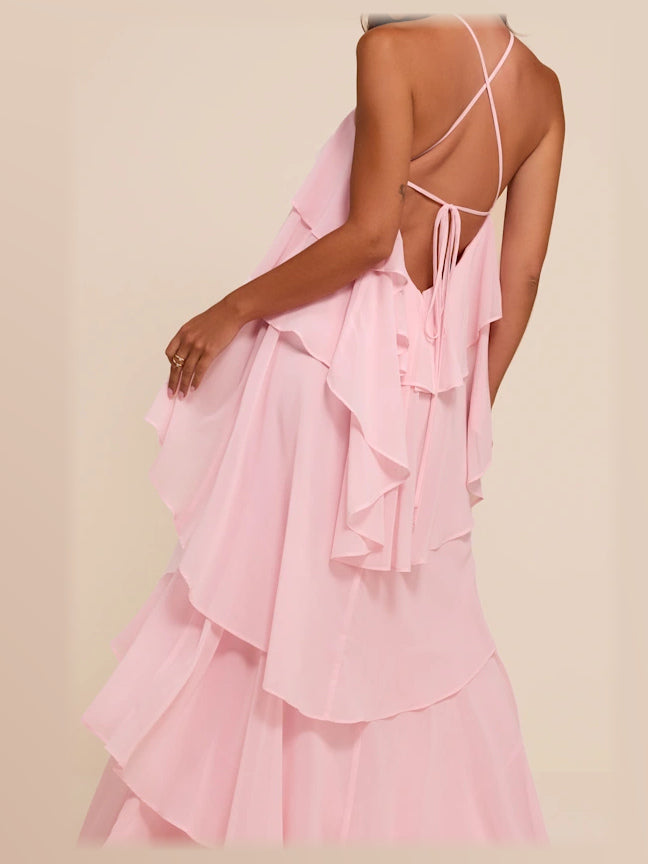 Light Pink formal dress with structured woven fabric construction and maxi hem