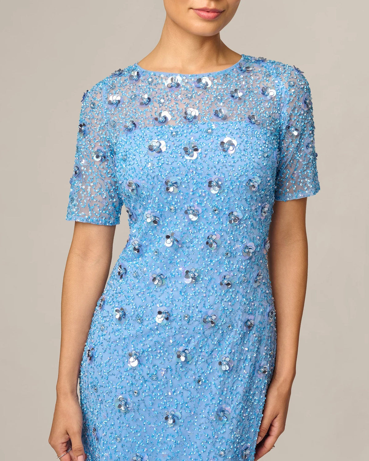 Light blue sequin-embellished dress bodice with short sleeves and crew neckline