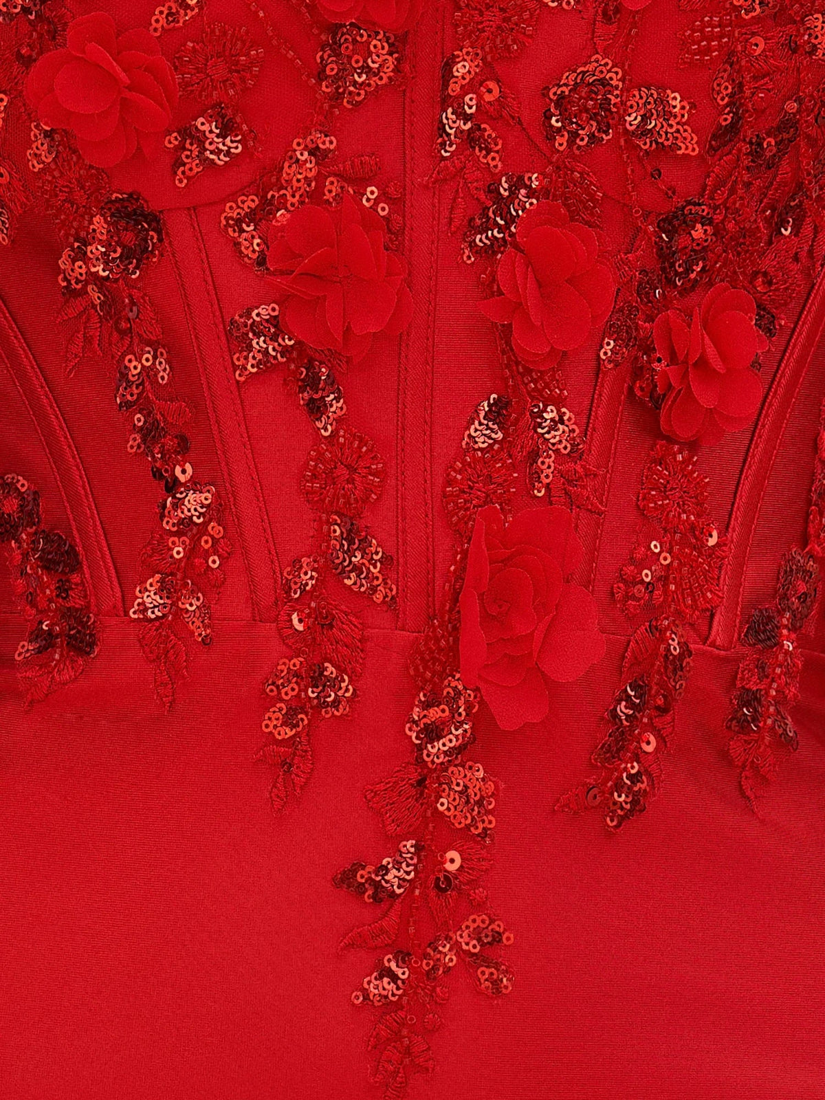 Red floral corset bodice on a satin bodycon mini dress