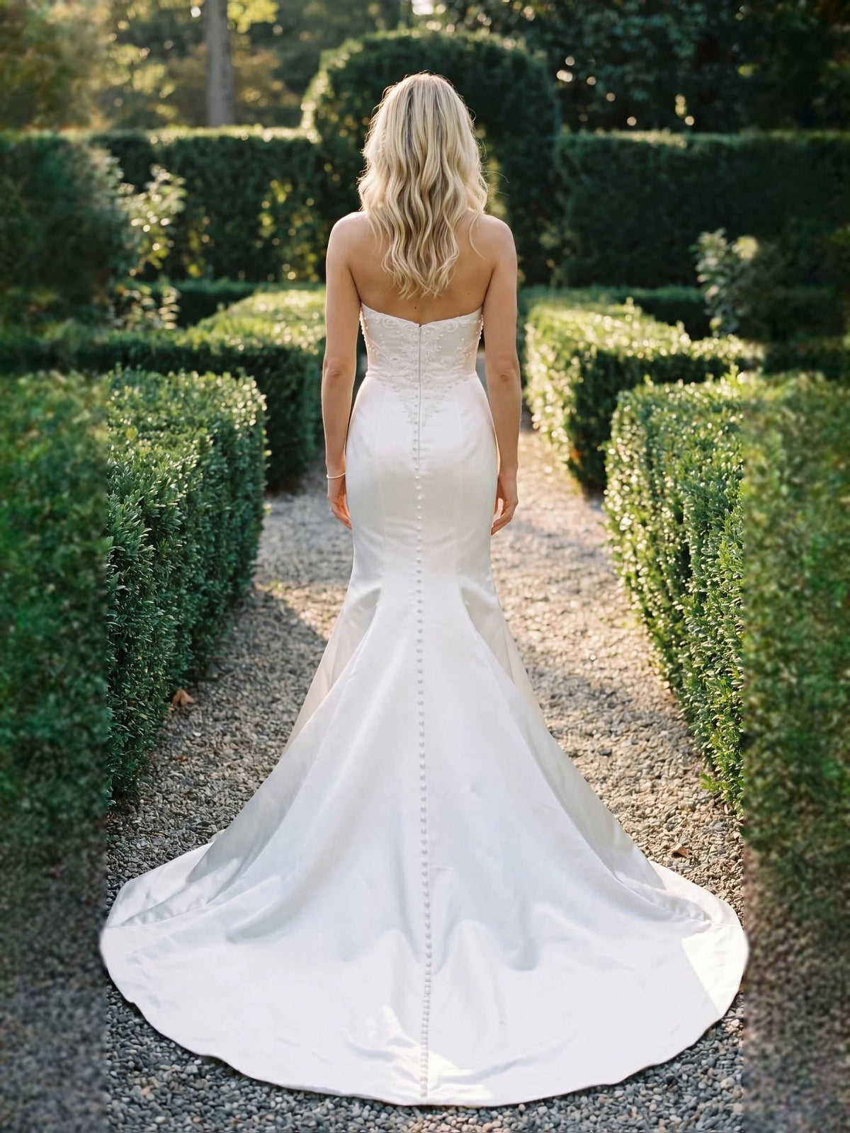 Ivory satin mermaid wedding dress, open back with embroidered panel, floor-length train