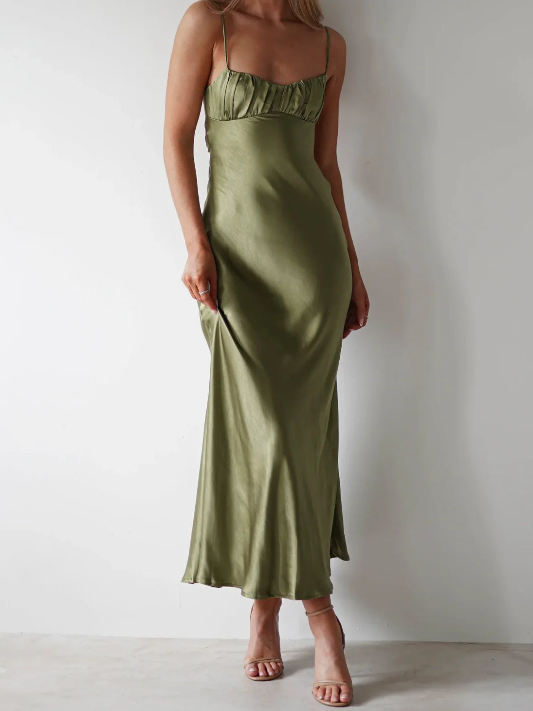 Olive satin maxi bridesmaid dress with ruched spaghetti-strap bodice, front slit