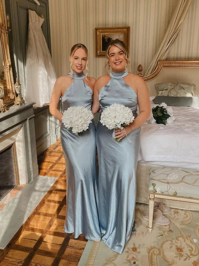 Dusty blue satin halter neck bridesmaid dress with cutout neckline, long column