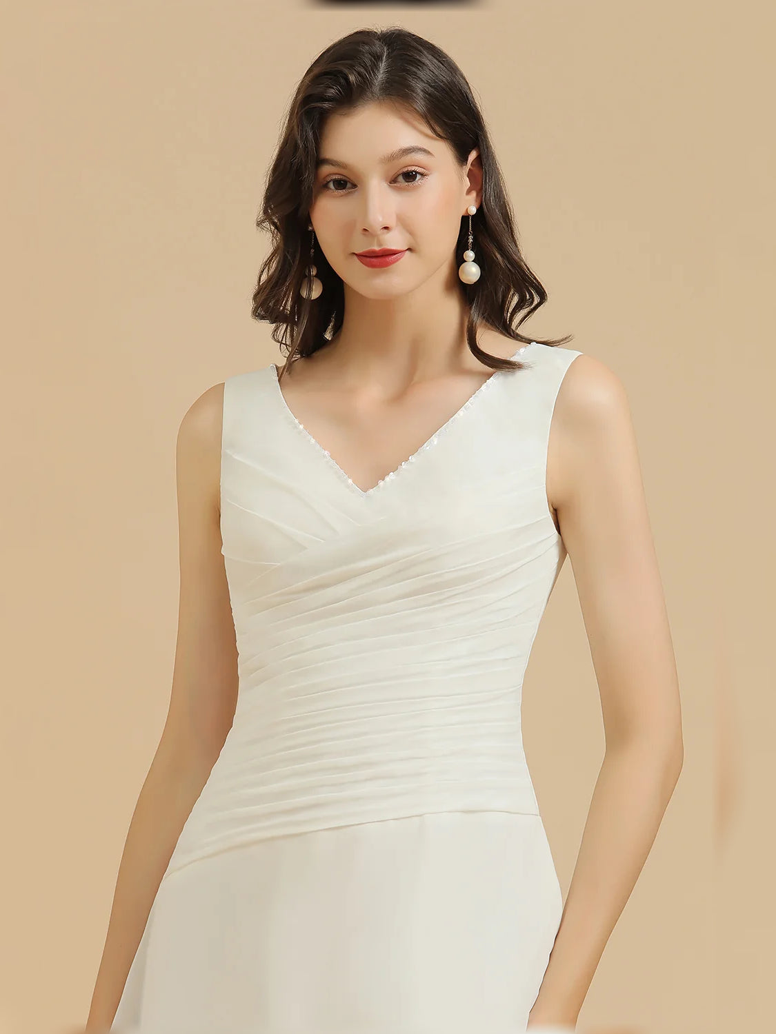 White ruched V-neck sleeveless bodice, mini chiffon bridesmaid dress close-up