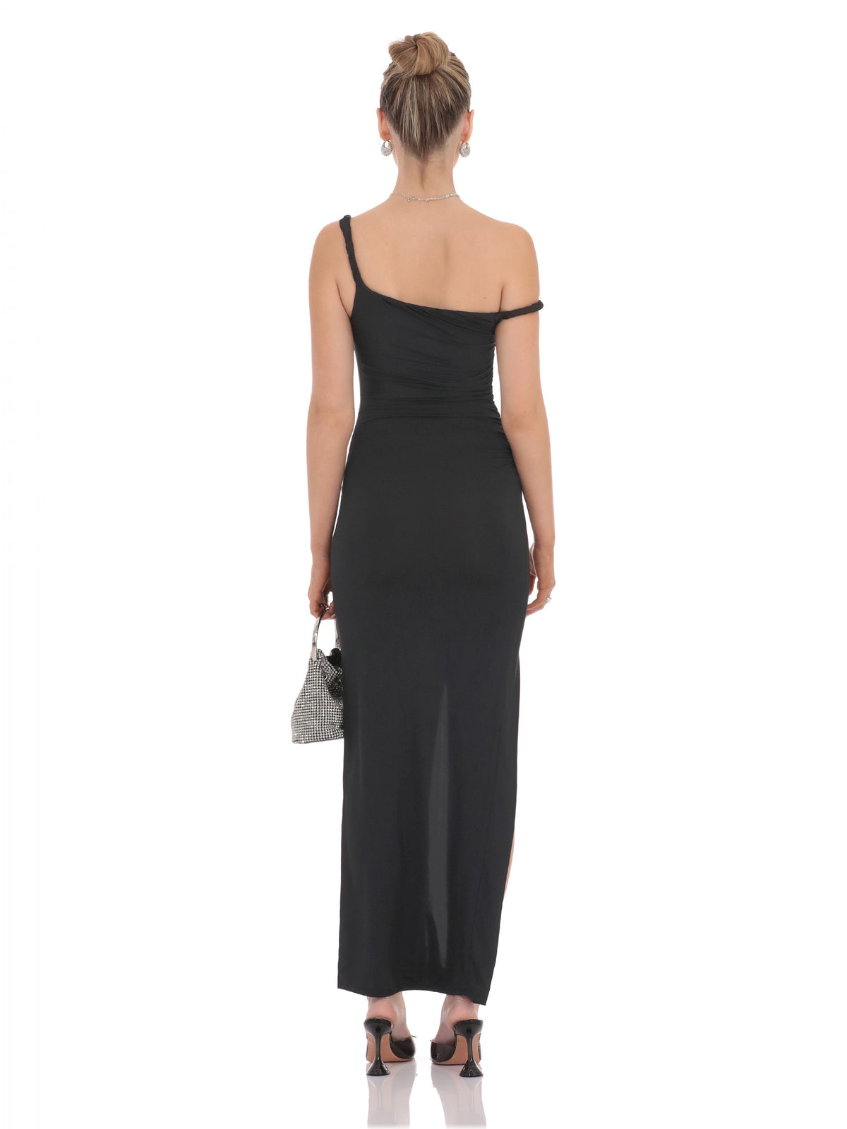 Black one-shoulder open-back maxi dress with thigh-high slit