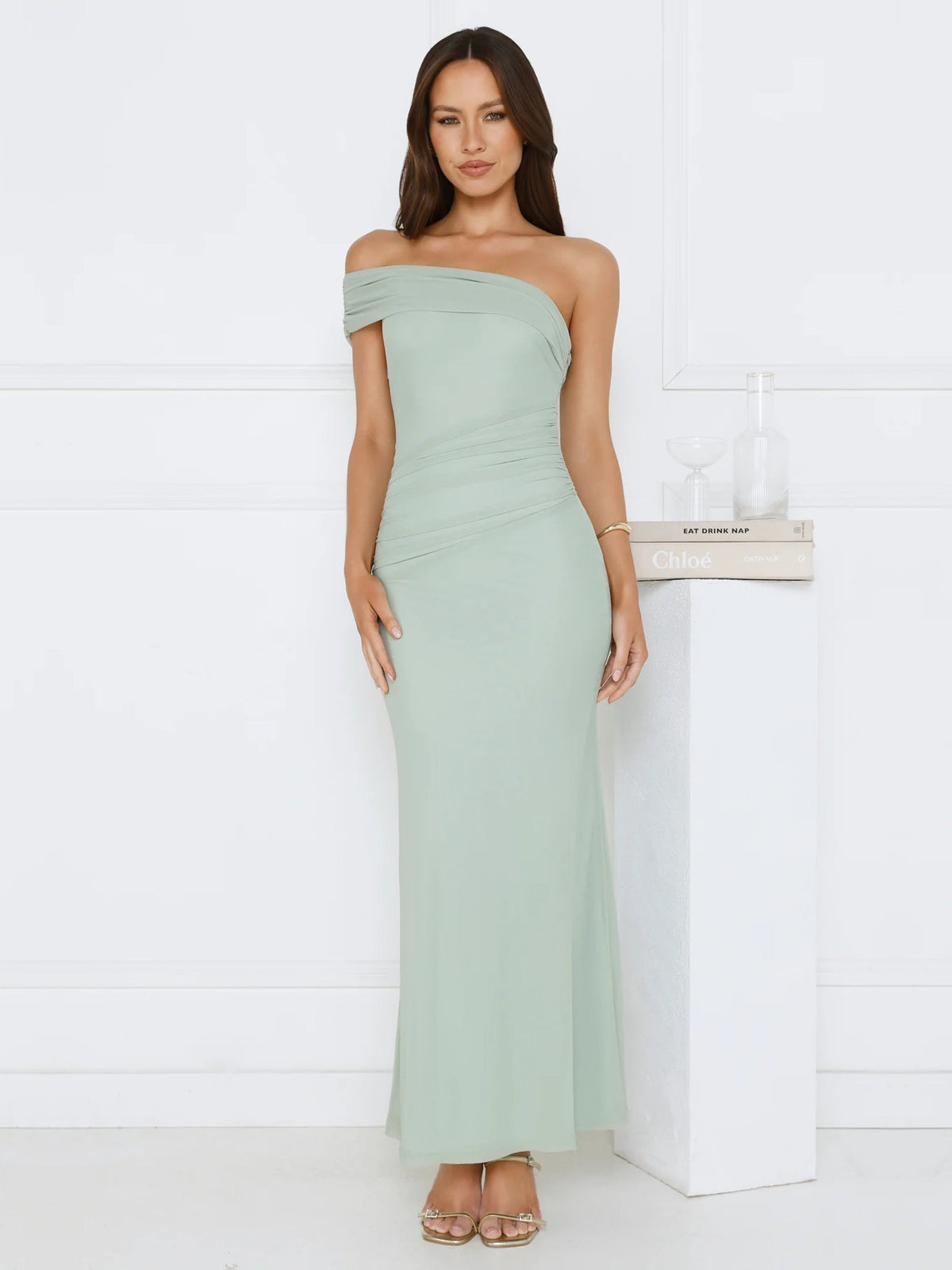 Sage sheath maxi formal dress with one-shoulder neckline, alternate view