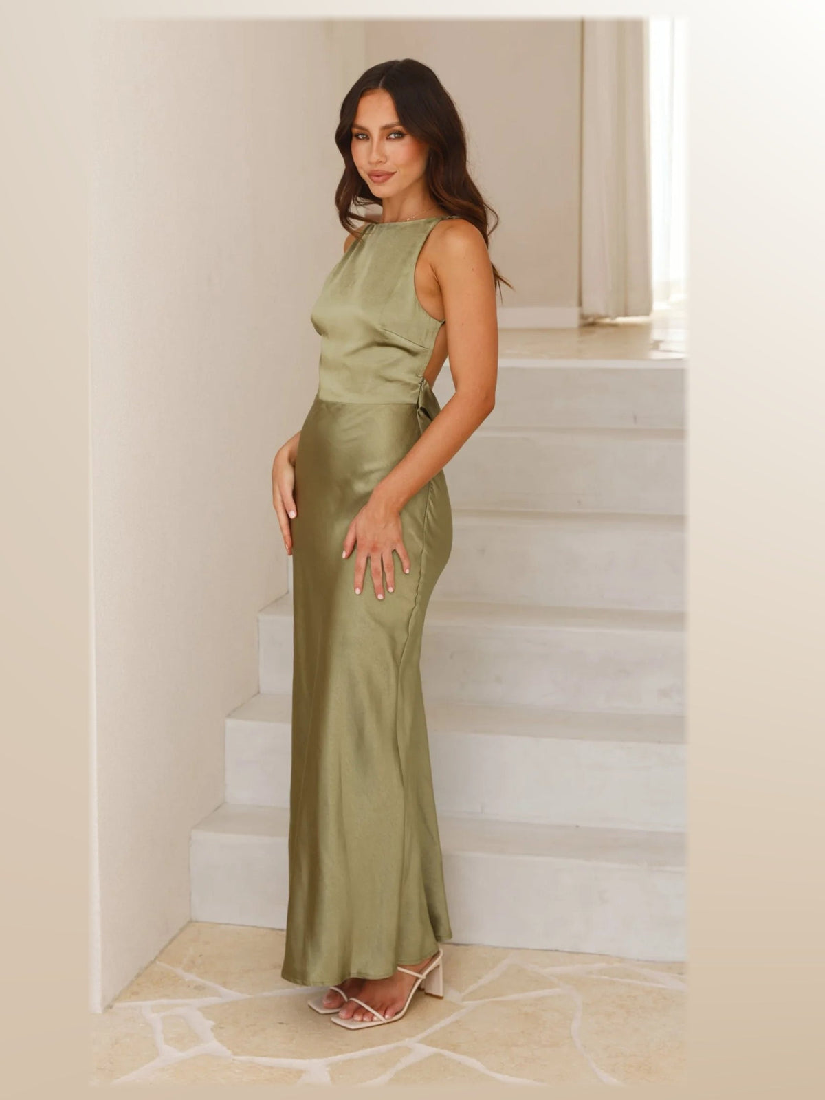 Olive maxi formal dress, alternate full-length view showing the waistline