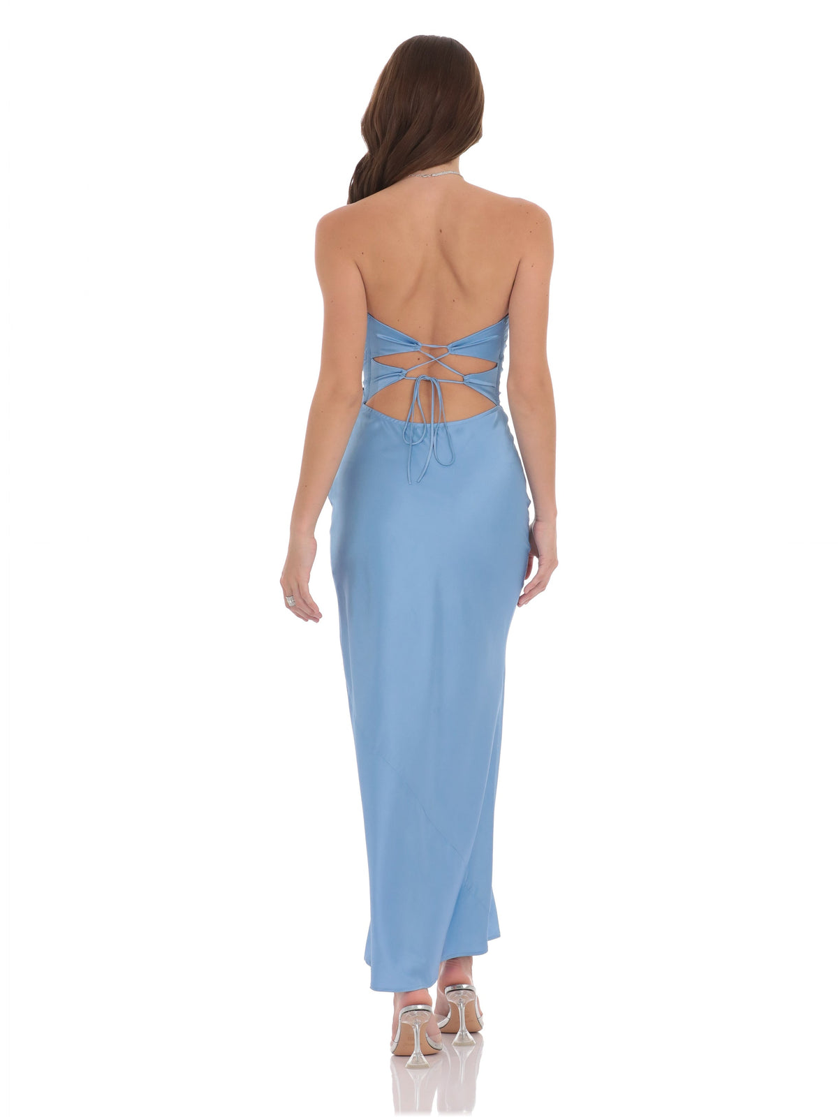Light Blue bridesmaid dress with satin construction and maxi hem