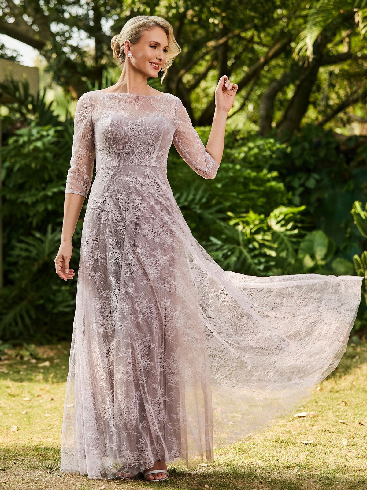 Lilac lace A-line maxi dress with round neckline and flowing full skirt