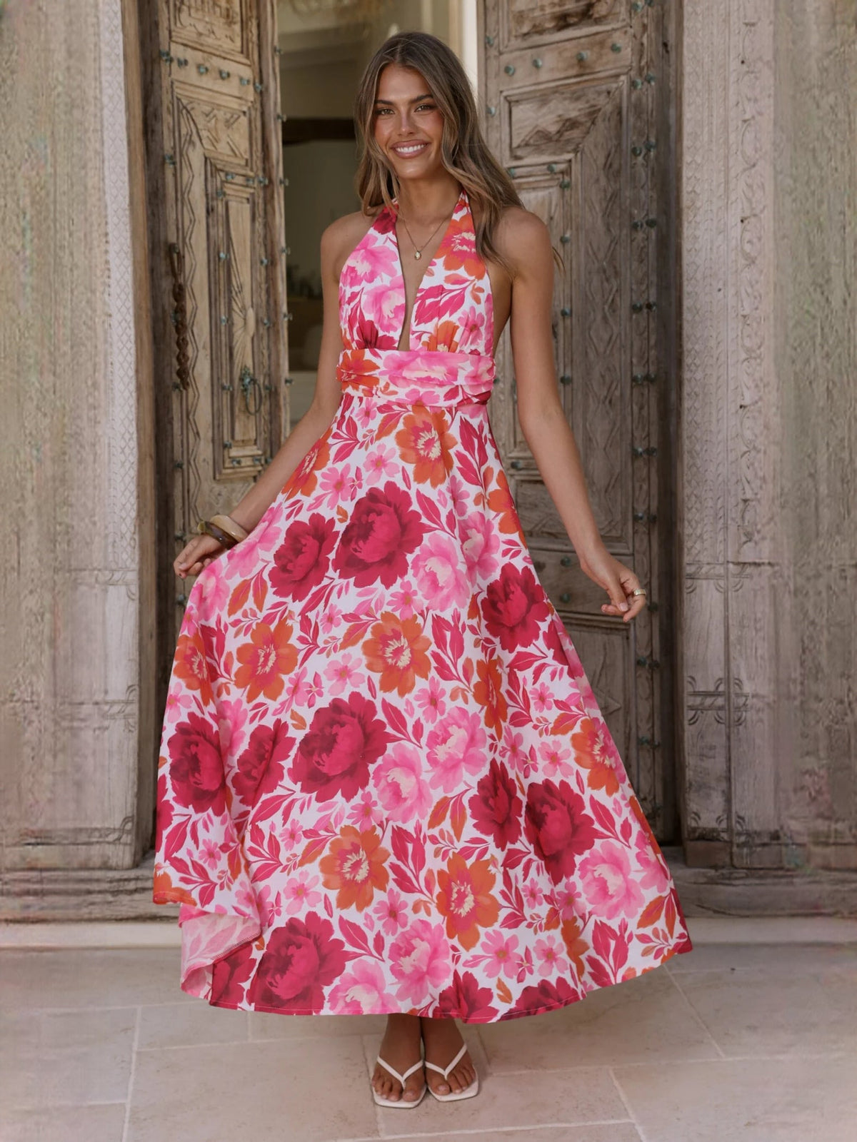 Pink Floral a-line maxi formal dress with floral print, alternate view