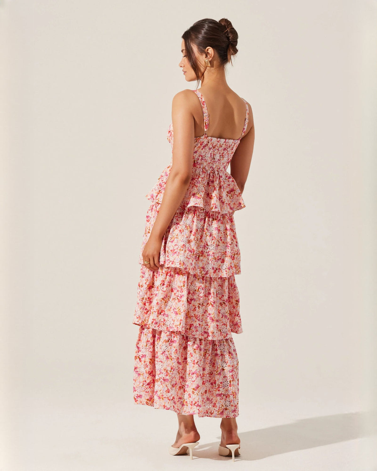 Pink floral tiered chiffon maxi dress, open back with back ruffle detail