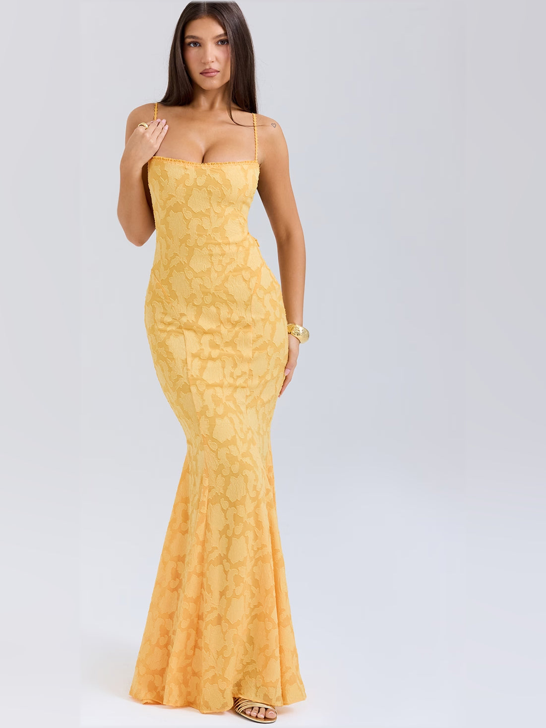 Apricot mermaid maxi formal dress with floral print, alternate full-length view