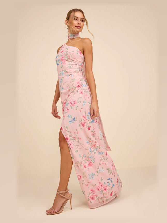 Light Pink Floral formal dress with structured woven fabric construction and maxi hem