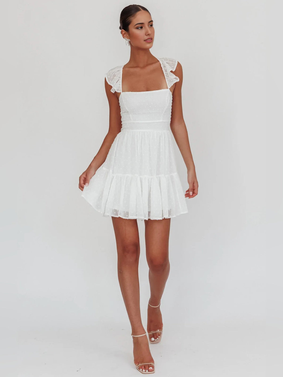 White tiered ruffle mini A-line homecoming dress with square neckline
