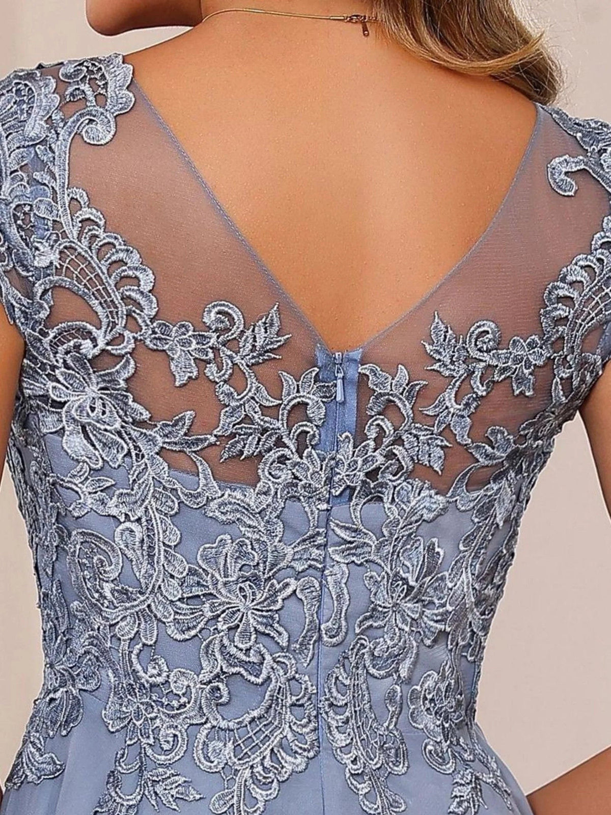 Dusty blue lace embroidered open-back bodice with thin straps