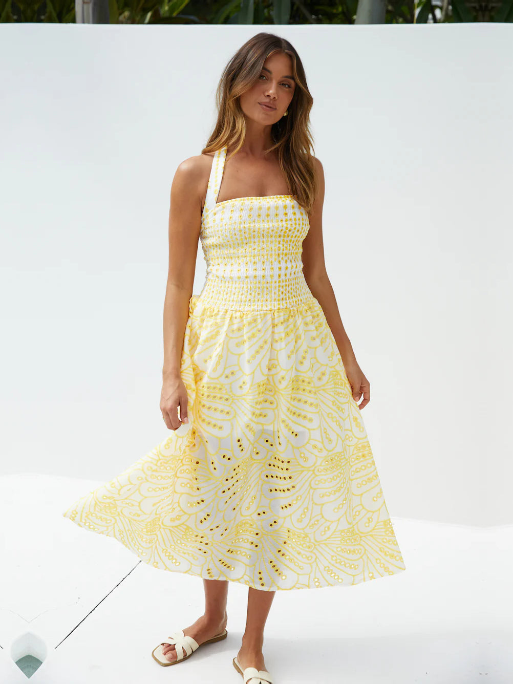 Yellow a-line maxi formal dress with printed pattern, alternate view