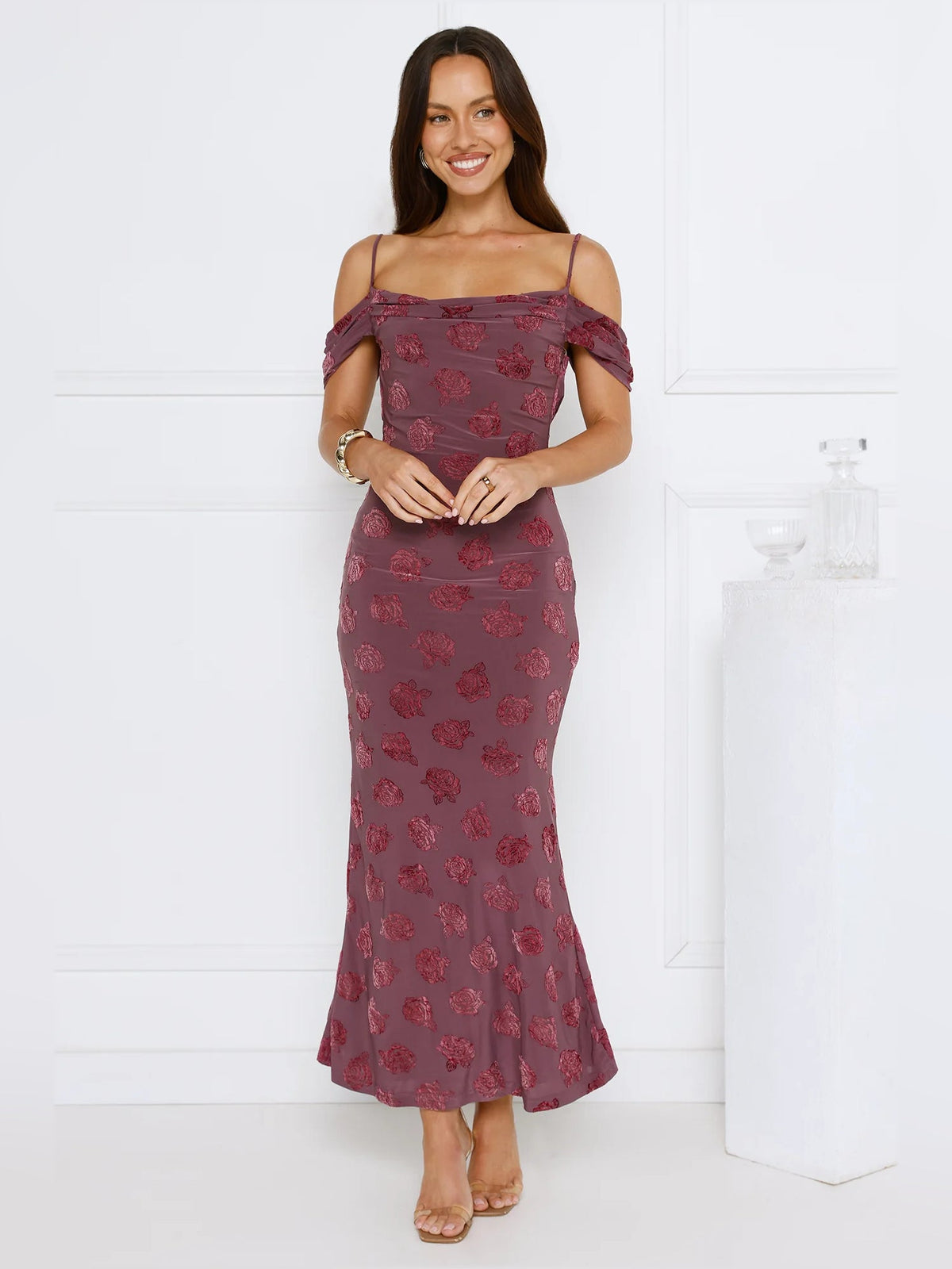 Maroon floral off-shoulder maxi sheath dress with straight neckline and spaghetti straps