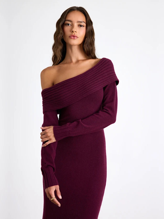 Plum bodycon maxi formal dress with off-the-shoulder neckline, alternate view