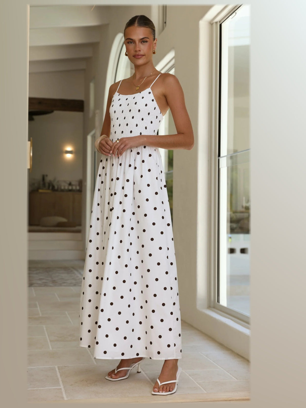 White maxi formal dress, alternate full-length view showing the waistline