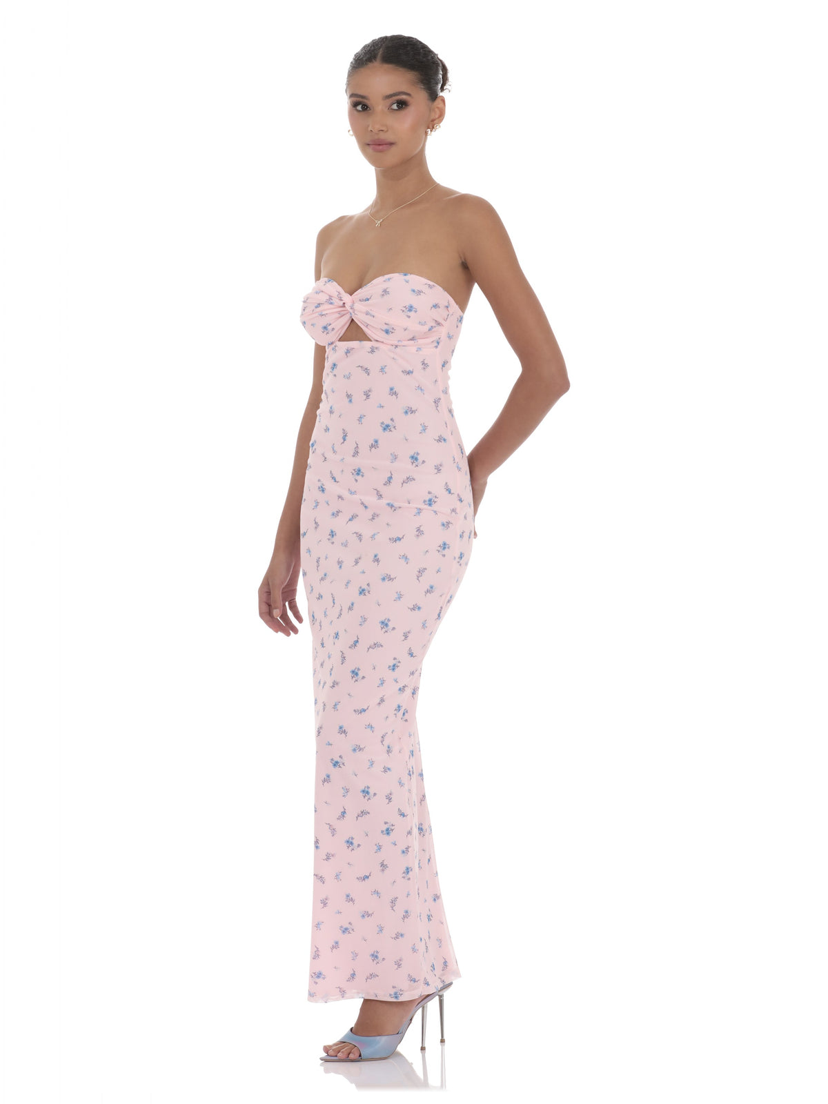Pink strapless A-line maxi dress with sweetheart neckline, blue floral print, bow