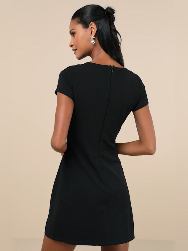 Black short-sleeve mini dress with open back seam and vertical back panel
