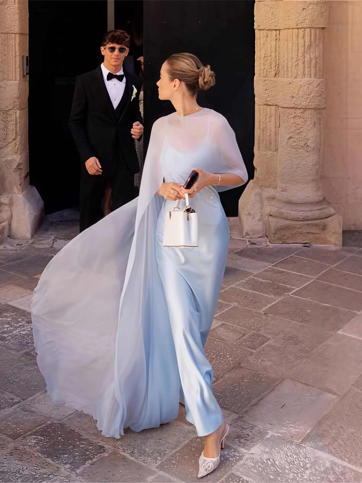 Steel blue satin A-line maxi dress with long flowing train and open back