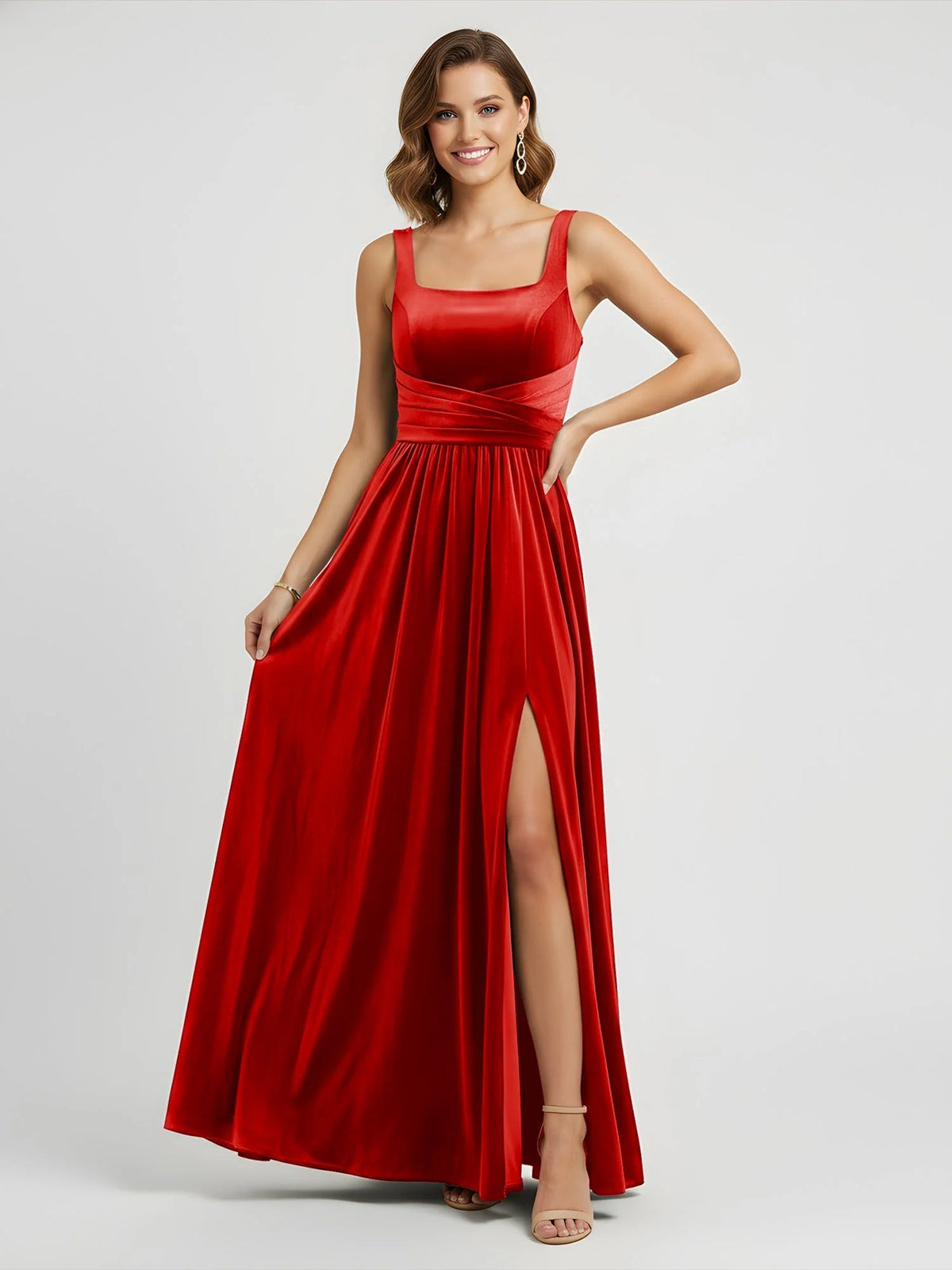 Square-neck ruching formal dress in red with slit skirt
