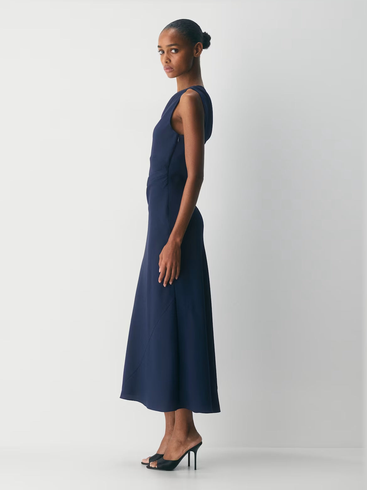 Navy Blue maxi formal dress, alternate full-length view showing the waistline