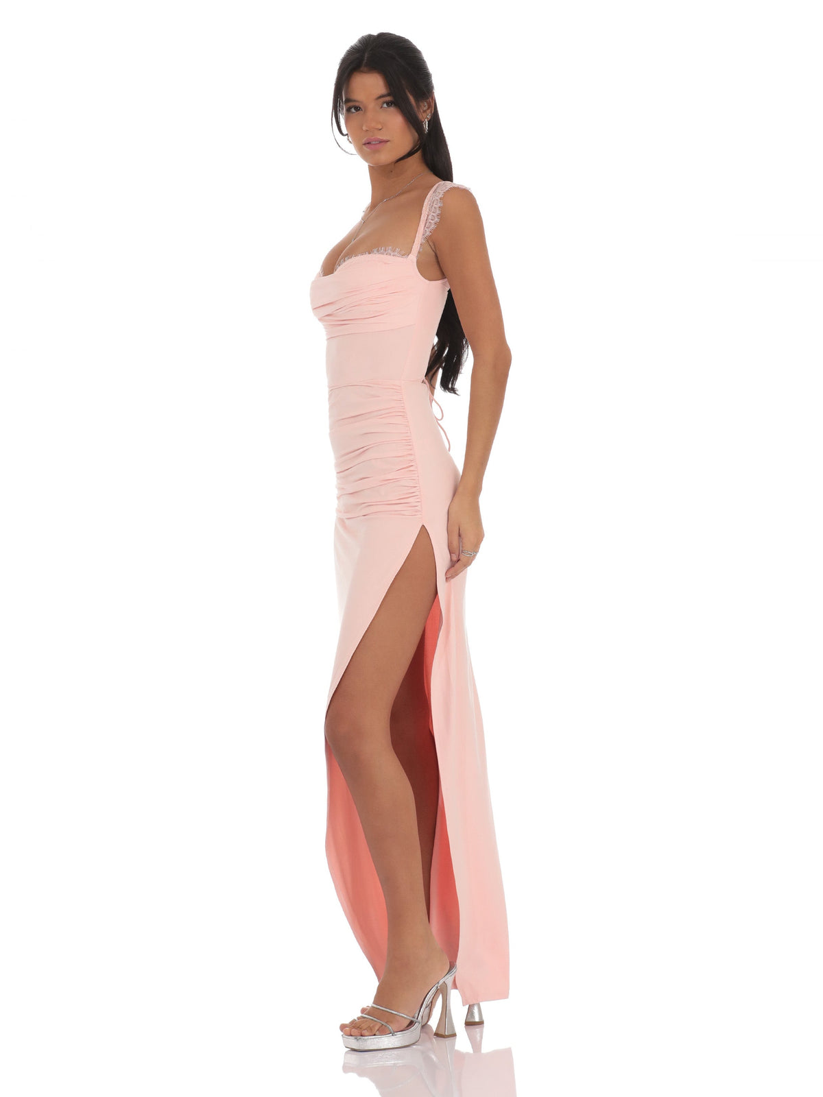 Pink bridesmaid dress with mesh construction and maxi hem