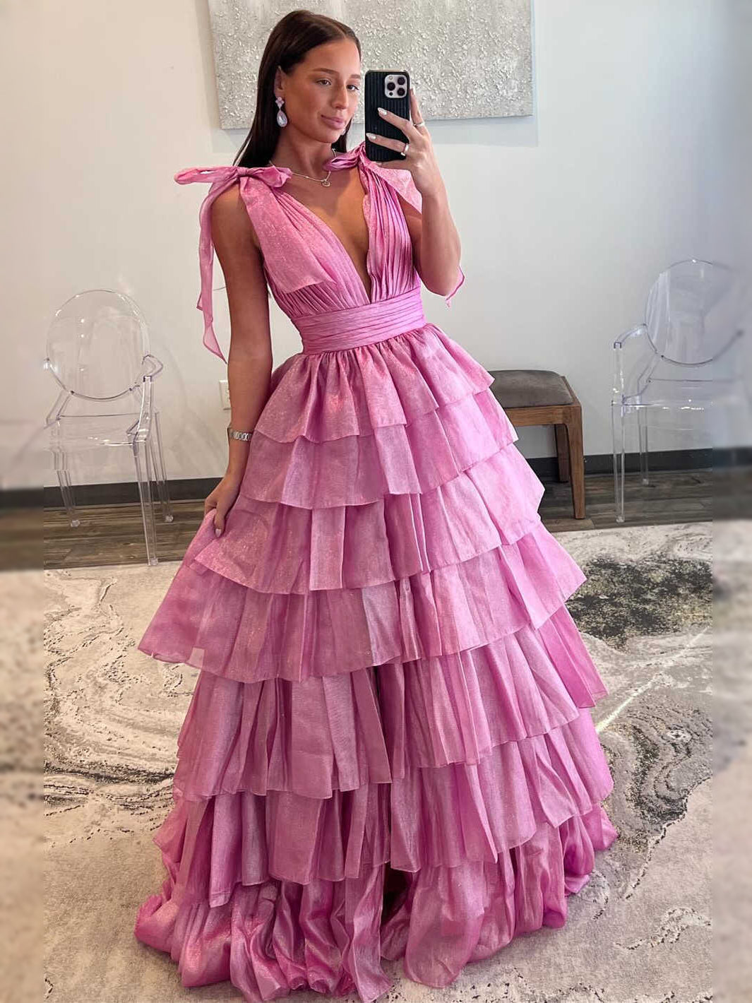 Pink tiered ruffle V-neck A-line maxi tulle prom dress with bow shoulder ties, backless