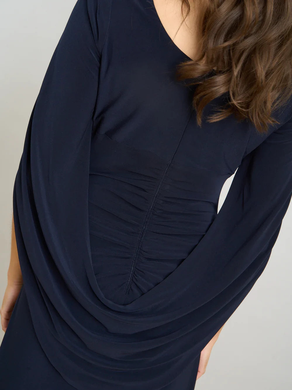 Dark navy sweetheart neckline sheath maxi with gathered ruched drape detail