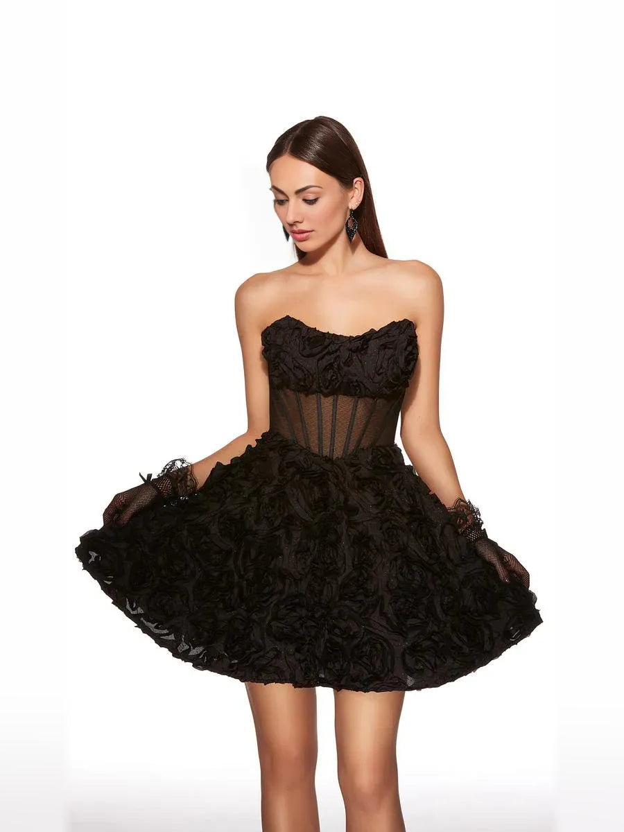 Black strapless A-line mini dress with floral appliques and textured rosette skirt