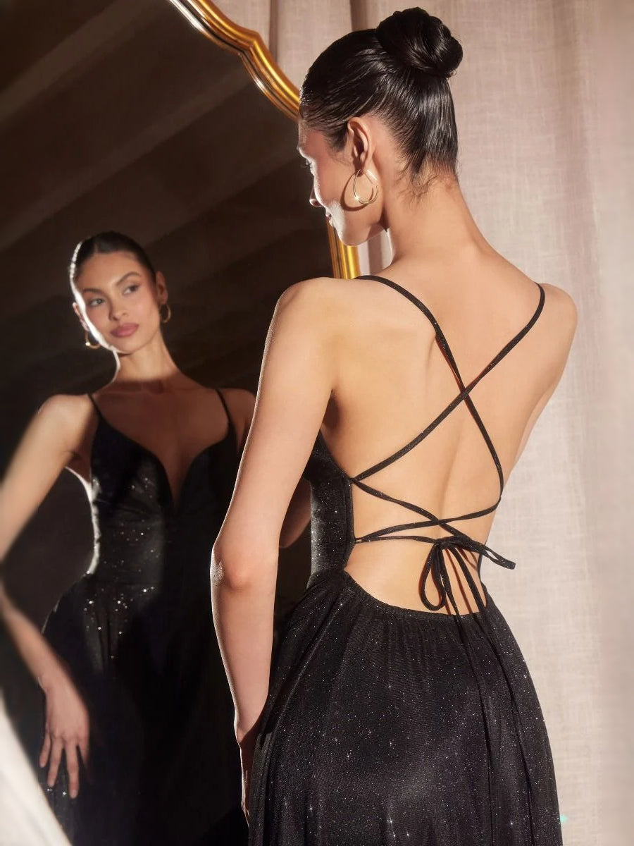 Black glitter prom dress close-up of crisscross lace-up back and V-neck