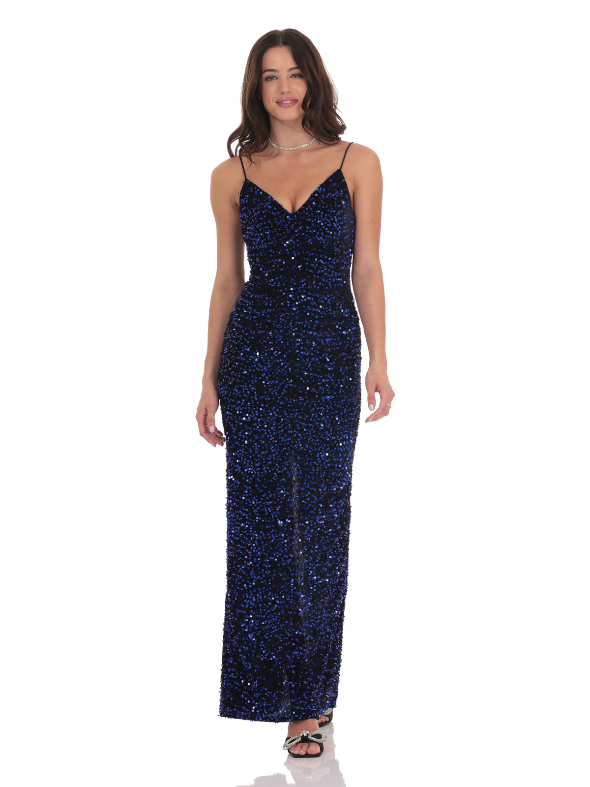 Black bridesmaid dress with mesh construction and maxi hem