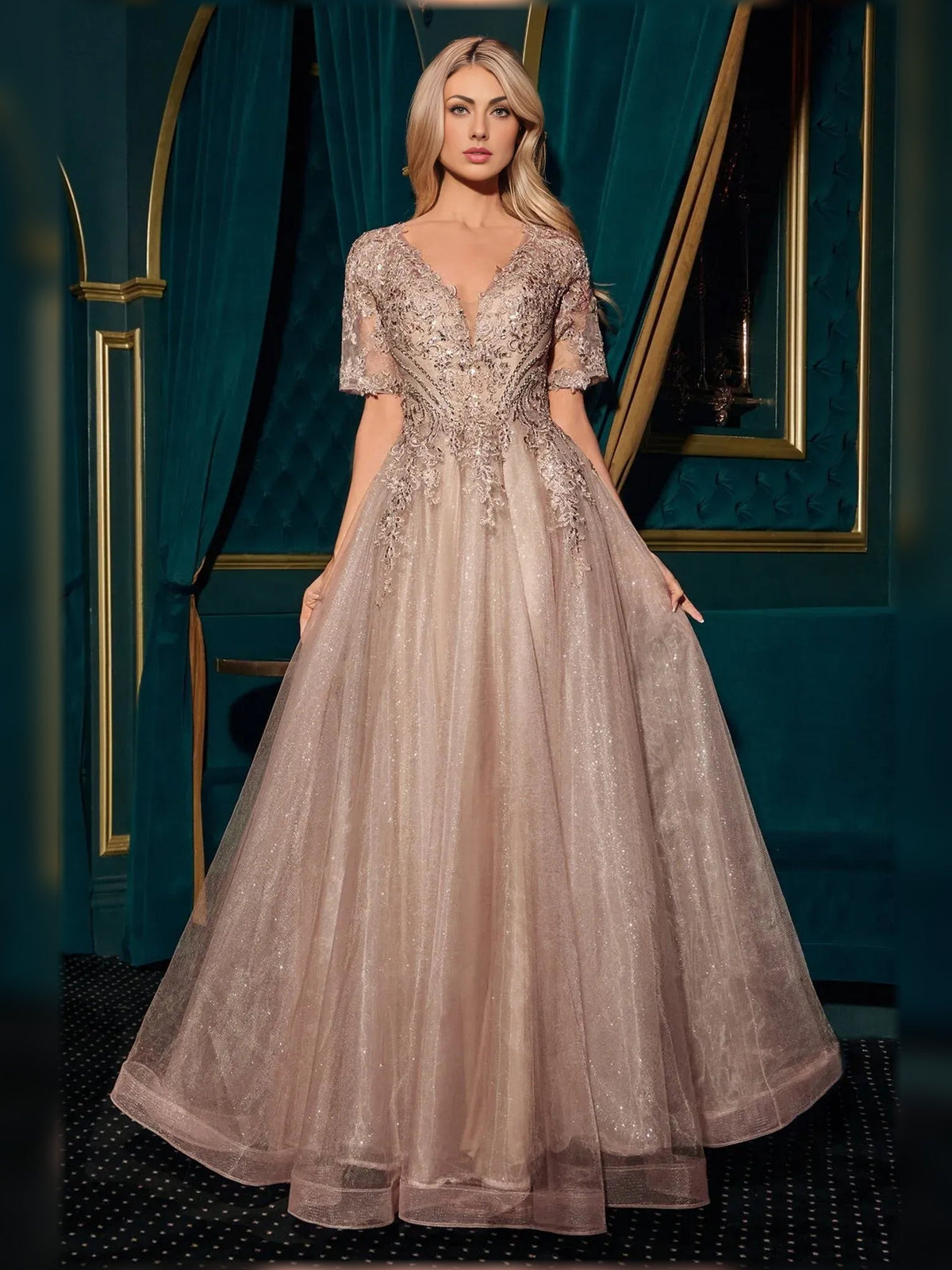 Mocha gold V-neck A-line lace floor-length formal dress with sparkling bodice