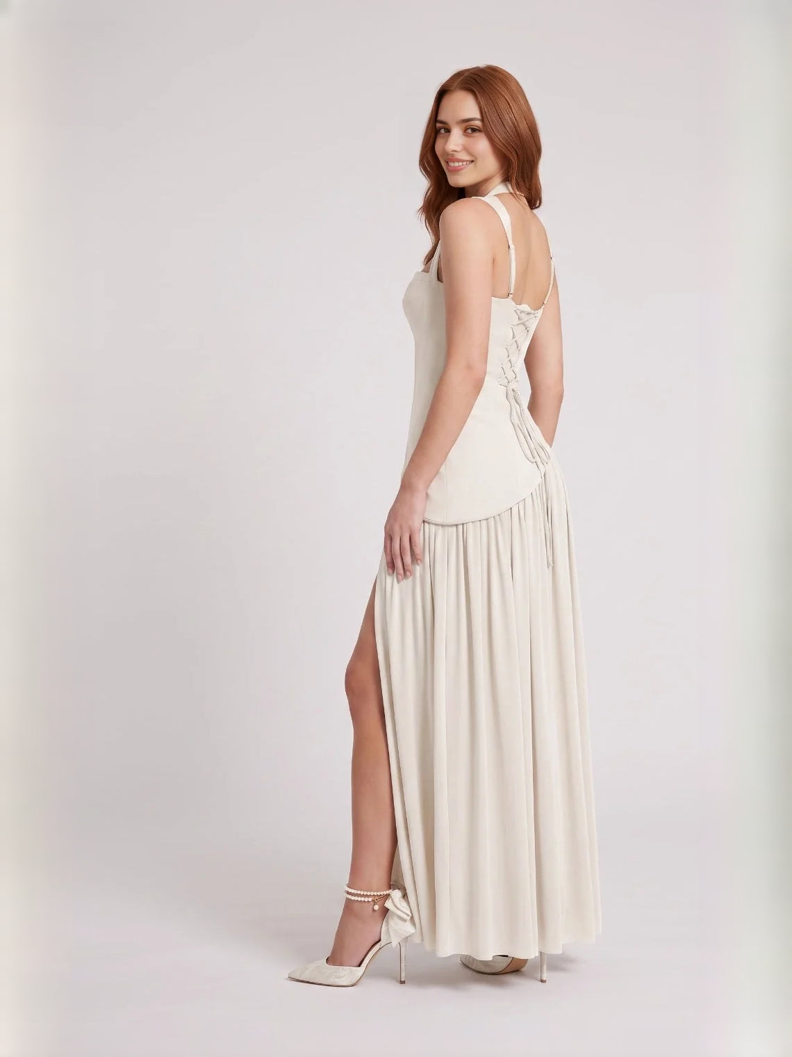 Ivory halter corset bridesmaid dress with pleated skirt and side slit hem