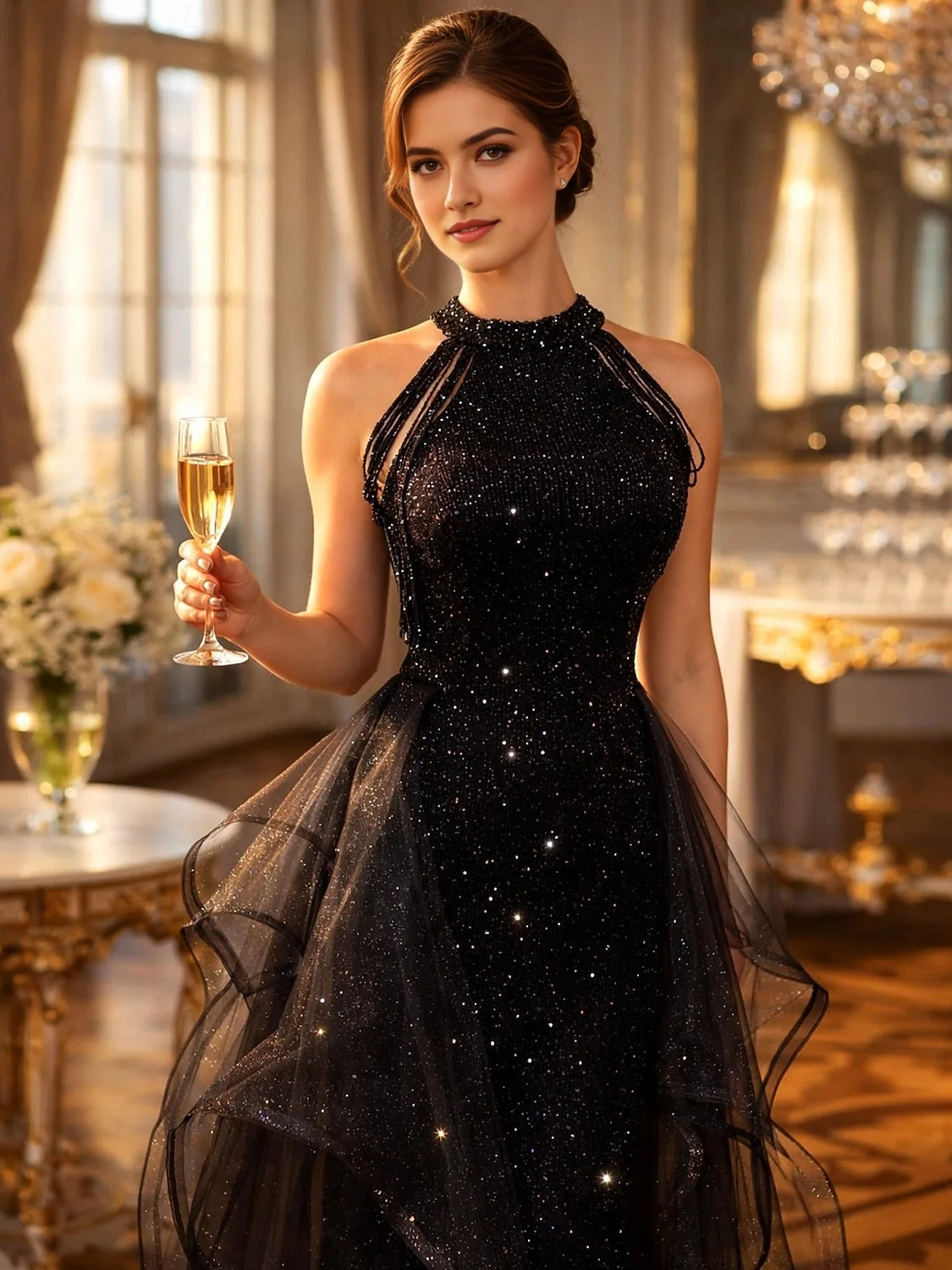 Black halter-neck evening dress with sparkle bodice and layered ruffled tulle skirt