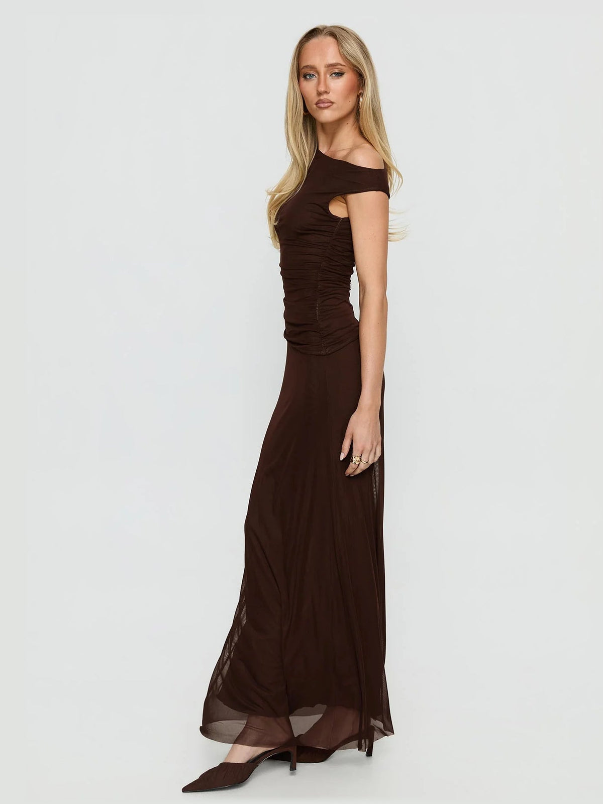 Chocolate formal dress with structured woven fabric construction and maxi hem