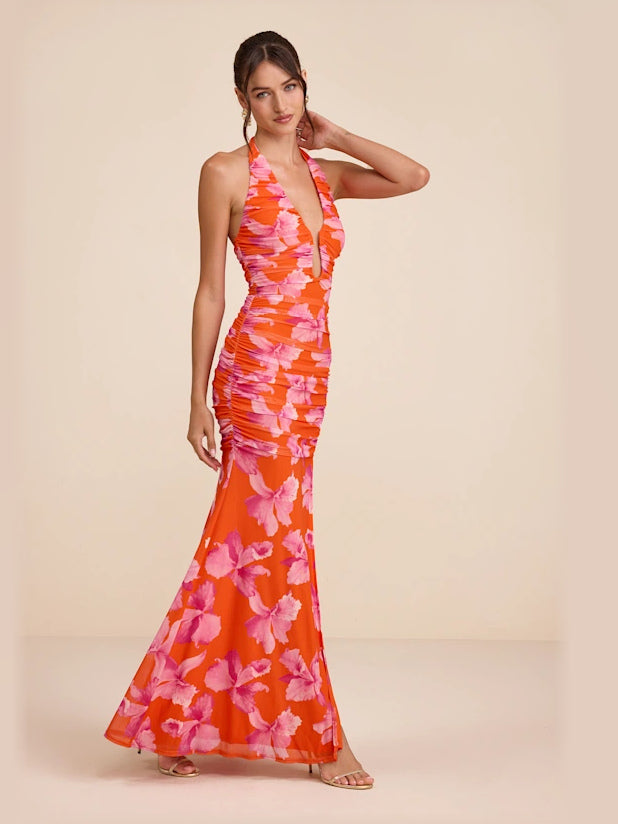 Orange Pink Floral formal dress with structured woven fabric construction and maxi hem