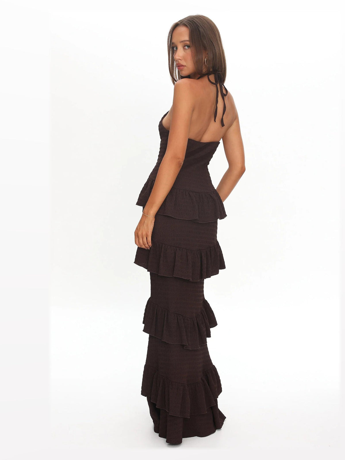 Chocolate formal dress with structured woven fabric construction and maxi hem