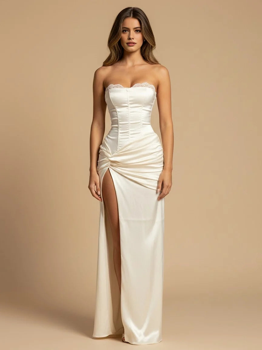 Ivory strapless satin sheath wedding dress with ruched bodice and thigh-high slit